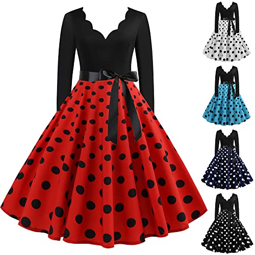 Halloween Damenmode LäSsig Ausgestelltes Kleid V Ausschnitt Retro Druck Polka LangäRmelig LäSsig Fliege NäHte GroßEs Kleid Weihnachtspullover Rock Mit Hoher Taille von routinfly