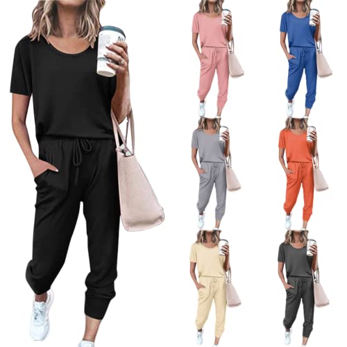 Hosenanzüge Frauen Elegant Elegante Sommer Casual Outfits Damen 2-teilige Sets Übergröße Kordelzug verstellbar modisches festes Kurzarm-Oberteil + Hosen-Set bequemer schlanker Rundhals- Tasche von routinfly