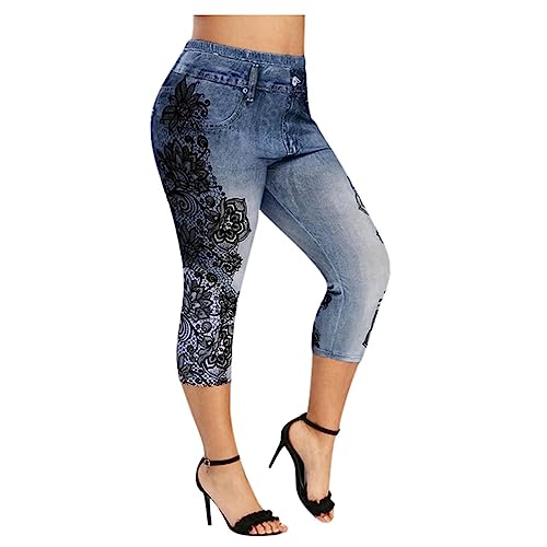 Jogginghose ÜBergrößE Damen Yogahose Butt Lift Hohe Taille Workout Leggings Bedruckter Denim Sweatpants Mit Taschen Mode Sommer Caprihose Lifting Cargo Leggings Sporthose FüR Laufen Radfahren Yoga von routinfly