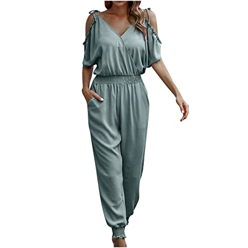 Jumpsuit Damen LäSsig Sommer Sexy V-Ausschnitt Aus Der Schulter Romper Verstellbaren Riemen Playsuit Solide Farbe Lose Hose Mit Taschen Elastische Hohe Wasit Pants Stilvolle Elegante Overall von routinfly