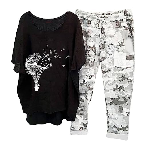 Kurzarm-Sets Damen Plus GrößE Sommer-Outfits Frauen 2023 Trendy 2 StüCk LäSsig Baumwolle Leinen Hosen Sets Drucken Halbe ÄRmel Pullover Shirt Tops + Hosen Set Crewneck Mode Sport Joggen AnzüGe von routinfly