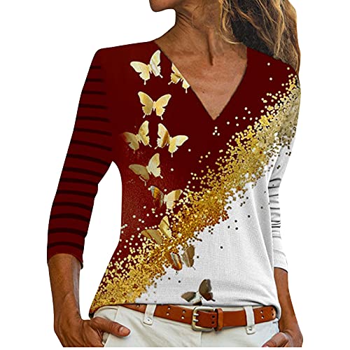 Lässige T-Shirts für Frauen mit V-Ausschnitt, Langarm, Pullover, Schmetterling, bedruckt, Sweatshirt, Bluse, Sommerhemden, Tops von routinfly