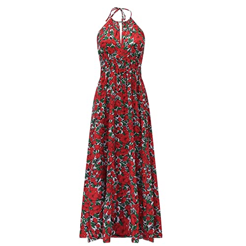 Lässiges Urlaubskleid für Frauen ärmelloses Neckholder-Kleid ethnisch bedrucktes rückenfreies hohles bodenlanges Kleid mit hoher Taille von routinfly