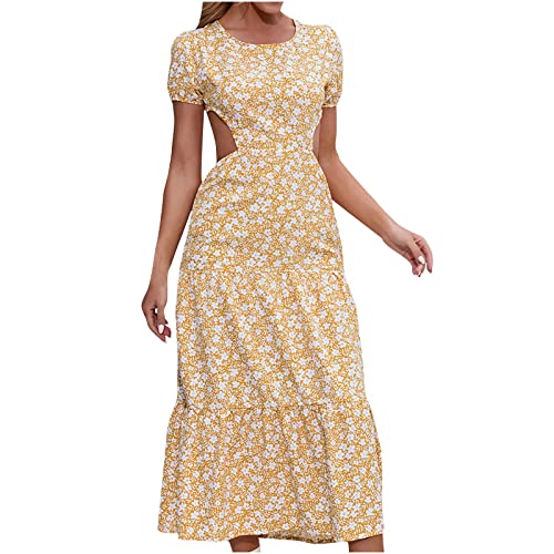 Lässiges Urlaubskleid für Frauen mit Rundhalsausschnitt Kurzarmrock Blumenmuster rückenfreies hohles langes Kleid Wadenkleid von routinfly