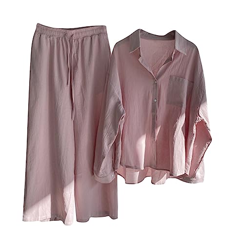 Leinen Outfits Damen 2Pc Freizeitanzug Baumwolle Leinen Langarm Button-Down Bluse Hose Set Trainingsanzug Einfarbig LäSsig Casual Set Loungewear Hemd Und Weitem Bein Hose Elegant Zweiteiler Outfit von routinfly