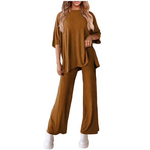 Leinen Zweiteiler Damen Sommer Leinen Freizeitanzug Sommer Kurzarm Leinenanzug Hosenanzug Elegant Hausanzug Loungewear Leicht Leinen Set 2 Teiler Set Top + Hose Lounge Set Sportanzug Outfits Anzug von routinfly