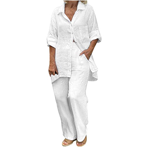 Leinen Zweiteiler Outfit Hosenanzug Damen Sommer Langarm Button-Down Hemd Und Lose Weite Lange Hosen Set Plus GrößE 2PC Freizeitanzug Set Blusen Shirt Bequem Loungewear Set Mode Elegant Streetwear von routinfly