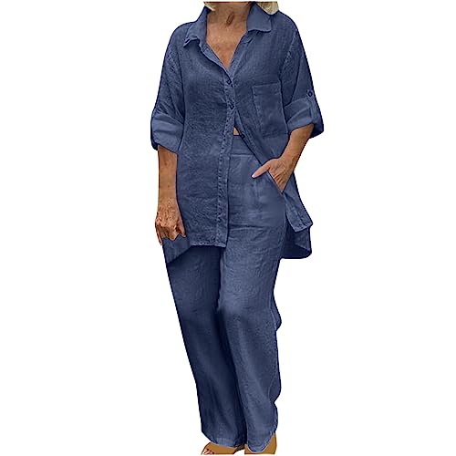 Leinen Zweiteiler Outfit Hosenanzug Damen Sommer Langarm Button-Down Hemd Und Lose Weite Lange Hosen Set Plus GrößE 2PC Freizeitanzug Set Blusen Shirt Bequem Loungewear Set Mode Elegant Streetwear von routinfly