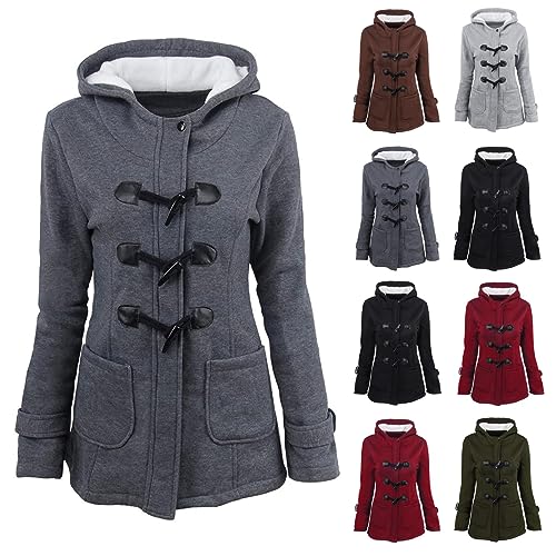 Mantel Damen Horn Knopf Mantel Winter LäSsig Warm Kapuze Oberbekleidung ÜBergangsjacke Lang GefüTtert Winter GefüTtert Gesteppt Mantel Dick Kapuzen Sweatshirt Jacke Outdoor Jacke College Jacke von routinfly