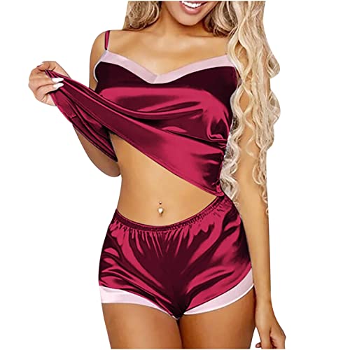 Nachtwäsche Set Damen Satin Schlafanzug Set Sexy Satin Cami Top Und Shorts Kurz Pyjama Set Sexy Nachthemd Shorts Set Atmungsaktiv Bequem Sleepwear Farbblockierung Satin Schlafanzug von routinfly