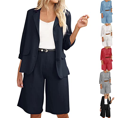 Pant Sets Damen 2 StüCk Outfits Dressy Sommer Plus GrößE Elegantes Damen Business Anzug Set Baumwolle Leinen Revers Blazer Anzug Jacke Kurze Hosen Festliche Sportliche Hosenanzug Streetwear Plain von routinfly