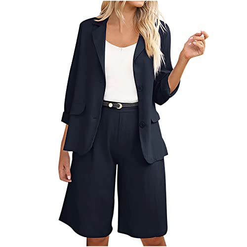 Pant Sets Damen 2 StüCk Outfits Dressy Sommer Plus GrößE Elegantes Damen Business Anzug Set Baumwolle Leinen Revers Blazer Anzug Jacke Kurze Hosen Festliche Sportliche Hosenanzug Streetwear Plain von routinfly