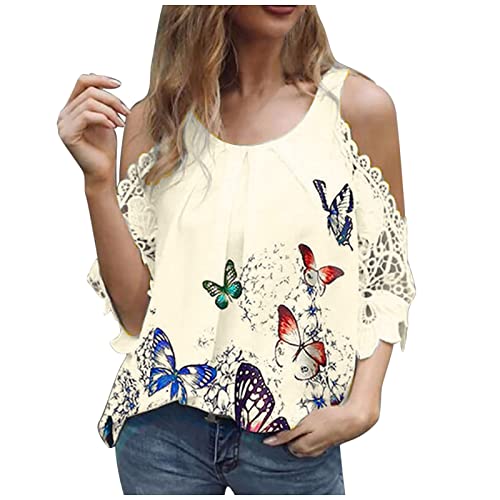 Plus Size Sweatshirt T-Shirts für Frauen Crewneck Off-the-Shoulder Kurzarm-Tops Schmetterling bedruckte Bluse Spitzen-T-Shirt von routinfly