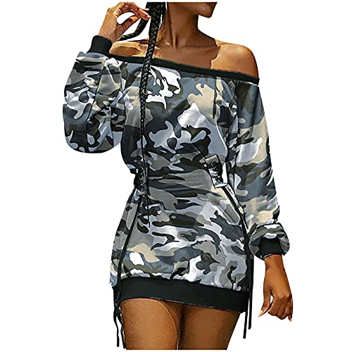 Pullover-Kleid für Frauen, schulterfrei, langärmlig, Camouflage, bedruckt, schmale Taille, Röcke mit Kordelzug, kurze Minikleider von routinfly