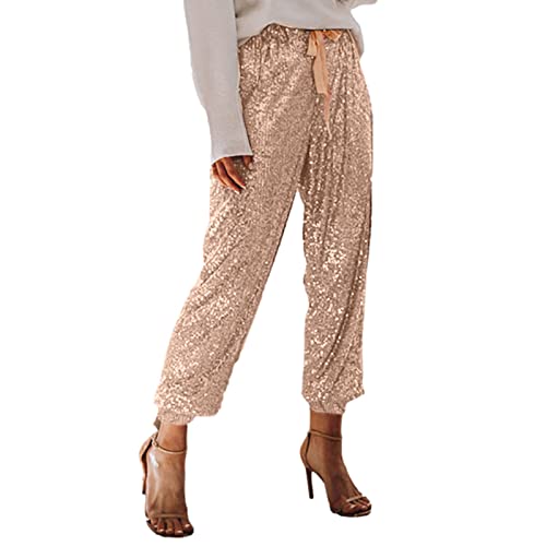 Rosa Jogginghose & Hose|Sexy Pailletten Glitzer Hose Hohe Taille Lange Hose Frauen Party Club Hose Outfit Beine Freizeithose, gold, S von routinfly