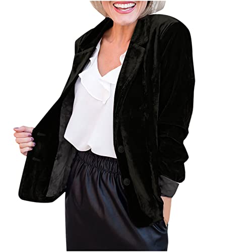 Samt-Blazer für Damen – Revers Vintage Strickjacke Büro Knopf lose Anzug Mantel Top gemütliche Oberbekleidung Taschen Schal, Schwarz , 52 von routinfly