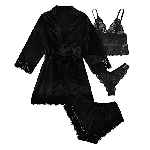 Schlafanzug Damen Dessous Set 4 StüCke Pyjama Set Sexy NachtwäSche Nachthemd Bademantel Set Florales Spitzenbesatz Robe äRmellos Cami Spitze Top Shorts Slip Unterhosen Set UnterwäSche Lounge WäSche von routinfly