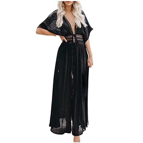 Sommer Cardigan Sexy Kleid für Frauen Tiefer V-Ausschnitt Kurzarm Vertuschung Festes hohles Schnürkleid Knöchellanges Kleid von routinfly