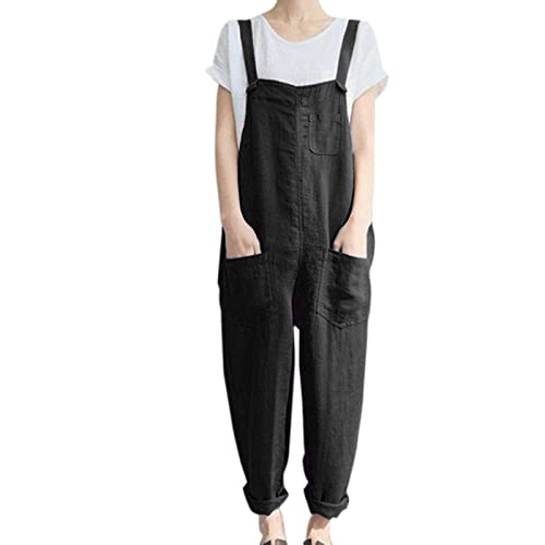 Sommer Damen Latzhose Strampler Baggy Rundhalsausschnitt Jumpsuit Baumwolle Leinen Romper Plus Size LäSsige Stilvolle Overall Lockerer äRmelloser Stretch Playsuit Mit Taschen Sommerhose Mit TräGern von routinfly