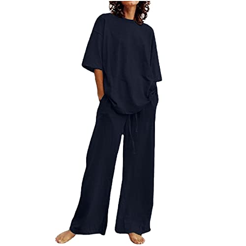 Sommer Sets Damen Plus GrößE Casual Pant Sets Frauen 2 StüCk Outfits Frauen Baumwolle Leinen Kurze ÄRmel Tops Weites Bein Drawstring Hosen Anzug Mode Solide Lose Atmungsaktiv Strand Streetwear von routinfly