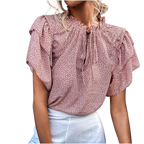 Sommer Sexy Pullover T-Shirts für Frauen V-Ausschnitt Kurzarm T-Shirt mit Blumendruck Rüschen Spleißen Tops Lose Schnürbluse von routinfly