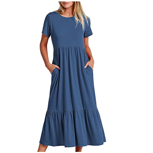 Sommerkleid Damen Mit Taschen Casual Kurzarm Elegant Abendkleid Crewneck KnöChelkleid Bluse Kleid Hohe Taille Swing Kleid Einfarbig Locker Bequem A-Linie Maxi Kleid Flowy Tiered Beach Dress S-XXL von routinfly