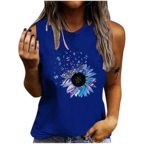 Sommerweste T-Shirts für Frauen mit Rundhalsausschnitt, ärmellose, dünne Bluse, Sonnenblume, bedruckt, beiläufig, lockeres T-Shirt mit Bodenbildung von routinfly