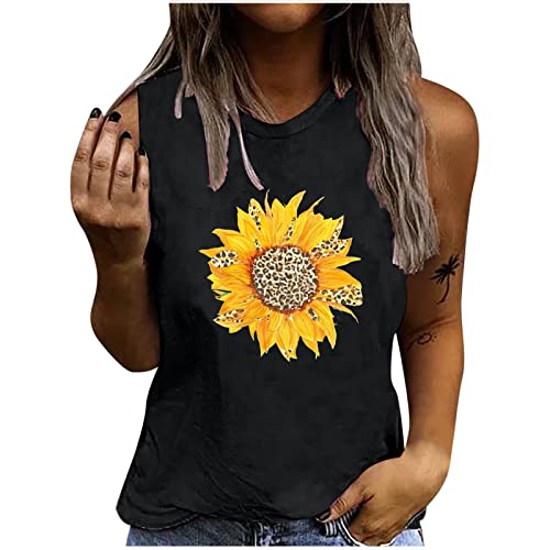Sommerweste T-Shirts für Frauen mit Rundhalsausschnitt, ärmellose, dünne Bluse, Sonnenblume, bedruckt, beiläufig, lockeres T-Shirt mit Bodenbildung von routinfly