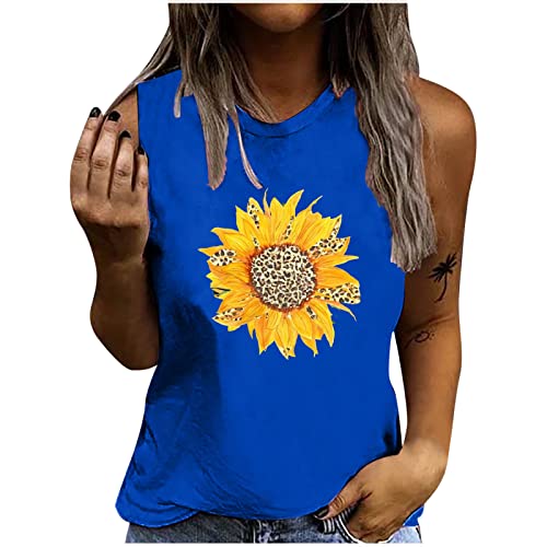 Sommerweste T-Shirts für Frauen mit Rundhalsausschnitt, ärmellose, dünne Bluse, Sonnenblume, bedruckt, beiläufig, lockeres T-Shirt mit Bodenbildung von routinfly