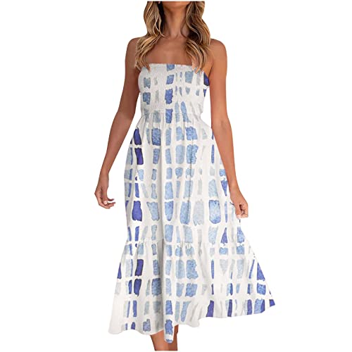 Strandkleid Damen Sommer ÄRmelloses Bandeau Kleid BohèMe TräGerlos Party Langes Kleid Elegant Sexy Swing Maxikleid Schulterfrei RüCkenfrei Print Freizeitkleid Shirt Kleid Vintage Kleider von routinfly