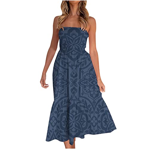 Strandkleid Damen Sommer ÄRmelloses Bandeau Kleid BohèMe TräGerlos Party Langes Kleid Elegant Sexy Swing Maxikleid Schulterfrei RüCkenfrei Print Freizeitkleid Shirt Kleid Vintage Kleider von routinfly