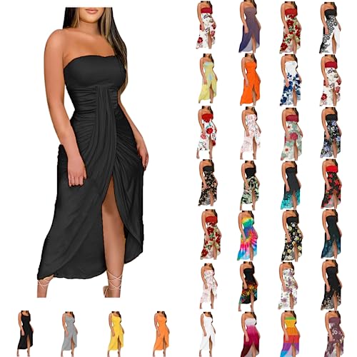 Strandkleid Damen Sommer Sexy Bandeau Kleid Elegant Trägerlos Split Partykleid Falten Maxi Kleid Urlaub Hawaii Schlauchkleid Festliche Kleider Abendkleid Hochzeit Cocktailkleid Brautjungfer Kleid von routinfly