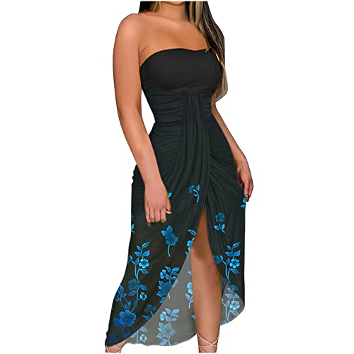 Strandkleid Damen Sommer Sexy Bandeau Kleid Elegant Trägerlos Split Partykleid Falten Maxi Kleid Urlaub Hawaii Schlauchkleid Festliche Kleider Abendkleid Hochzeit Cocktailkleid Brautjungfer Kleid von routinfly