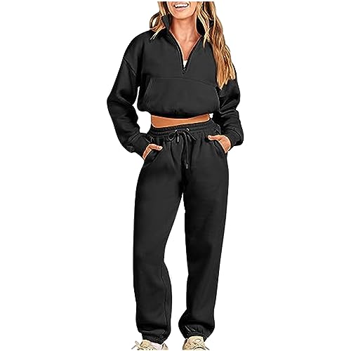 Sweatsuit Outfit Set FüR Damen 2-Teiliges Lose Trainings Sets Halber ReißVerschluss Kapuzenpullover Lange Jogginghosen Outfits Langarm Tops Und Elastische Hoher Taille Weitem Bein Hose Mit Kordelzug von routinfly