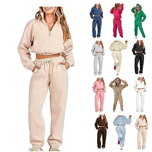 Sweatsuit Outfit Set FüR Damen 2-Teiliges Lose Trainings Sets Halber ReißVerschluss Kapuzenpullover Lange Jogginghosen Outfits Langarm Tops Und Elastische Hoher Taille Weitem Bein Hose Mit Kordelzug von routinfly