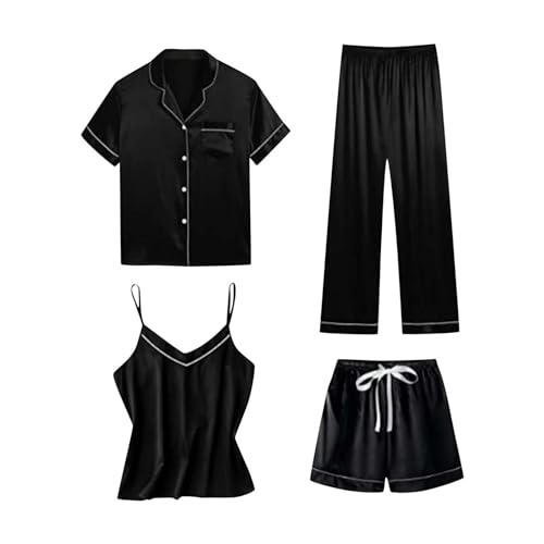 routinfly Damen 4PCs Satin Pyjama Set Frühling Sommer Herbst Tops & Hose Cami and Shorts Set Schlafanzug Nachtwäsche Satin Pyjama Damen Kurz 4-teiliges Frauen Pjs Sets Hausanzug Loungewear von routinfly