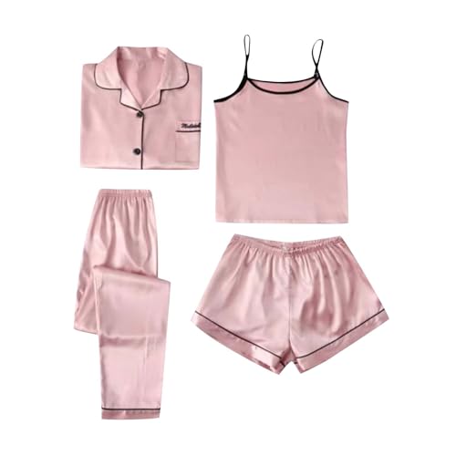 routinfly Damen 4PCs Satin Pyjama Set Frühling Sommer Herbst Tops & Hose Cami and Shorts Set Schlafanzug Nachtwäsche Satin Pyjama Damen Kurz 4-teiliges Frauen Pjs Sets Hausanzug Loungewear von routinfly