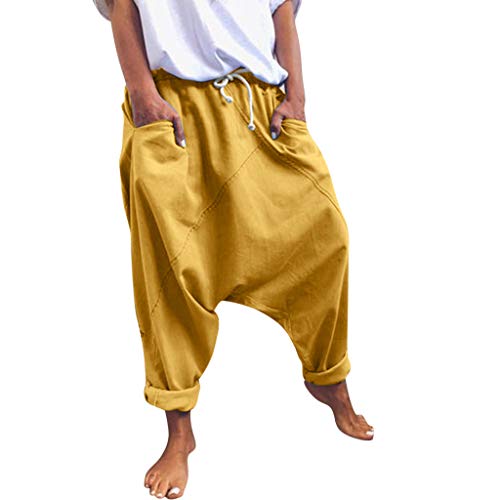 routinfly Damen Hosen Lang Weites Bein Hose，Haremshose Lange Hose Jogginghose Lässige Vintage-Hose Vintage-Hose aus Baumwollgemisch mit Taschen Einfarbige Freizeithose S-XXL von routinfly