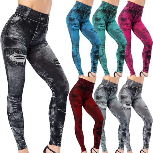 routinfly Damen Imitation Denim Hosen Hohe Taille Stretch LäSsige Hosen Elastische Vintage Streetwear Weiche Bequeme Leggings Sommerhosen Damen Elegante Schlanke Hosen Bedruckte Lounge Wickelhosen von routinfly