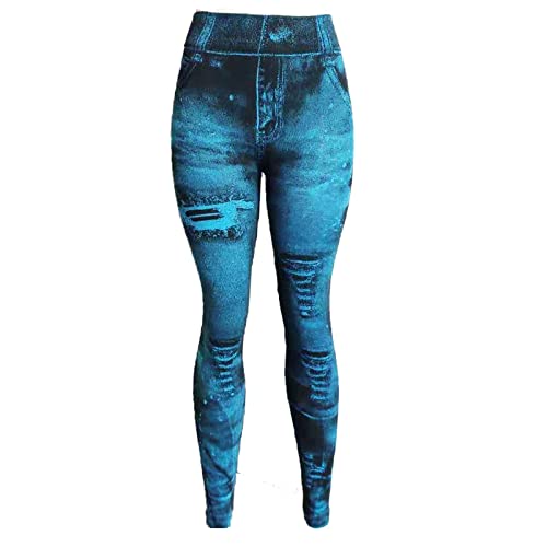 routinfly Damen Imitation Denim Hosen Hohe Taille Stretch LäSsige Hosen Elastische Vintage Streetwear Weiche Bequeme Leggings Sommerhosen Damen Elegante Schlanke Hosen Bedruckte Lounge Wickelhosen von routinfly