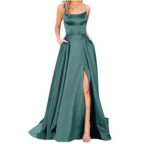 routinfly Damen Maxikleid Elegantes V-Ausschnitt Cocktailkleid Spaghetti Abendkleider RüCken Kreuz Satin Plus Size Ballkleid Lange Prinzessinkleid ÄRmellos Schulterfrei Brautjungfernkleider von routinfly