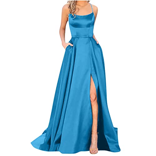 routinfly Damen Maxikleid Elegantes V-Ausschnitt Cocktailkleid Spaghetti Abendkleider RüCken Kreuz Satin Plus Size Ballkleid Lange Prinzessinkleid ÄRmellos Schulterfrei Brautjungfernkleider von routinfly