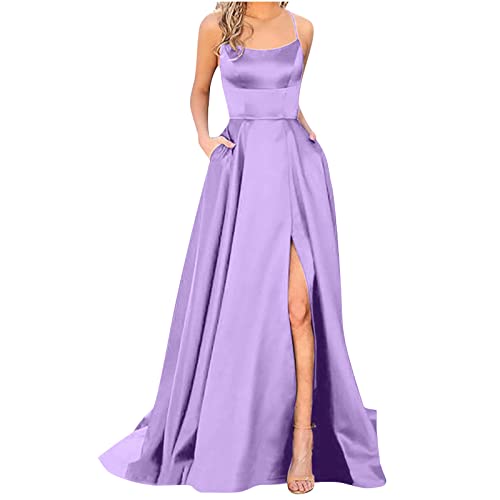 routinfly Damen Maxikleid Elegantes V-Ausschnitt Cocktailkleid Spaghetti Abendkleider RüCken Kreuz Satin Plus Size Ballkleid Lange Prinzessinkleid ÄRmellos Schulterfrei Brautjungfernkleider von routinfly