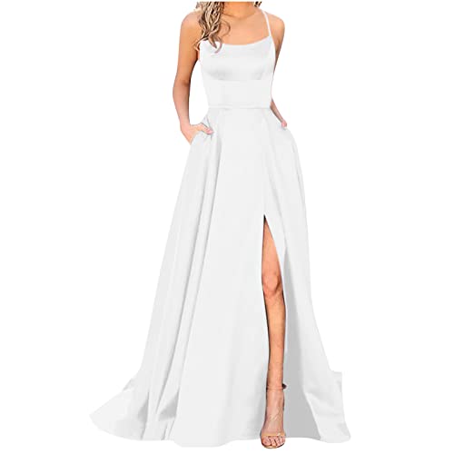 routinfly Damen Maxikleid Elegantes V-Ausschnitt Cocktailkleid Spaghetti Abendkleider RüCken Kreuz Satin Plus Size Ballkleid Lange Prinzessinkleid ÄRmellos Schulterfrei Brautjungfernkleider von routinfly