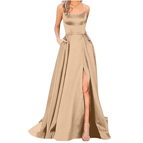 routinfly Damen Maxikleid Elegantes V-Ausschnitt Cocktailkleid Spaghetti Abendkleider RüCken Kreuz Satin Plus Size Ballkleid Lange Prinzessinkleid ÄRmellos Schulterfrei Brautjungfernkleider von routinfly