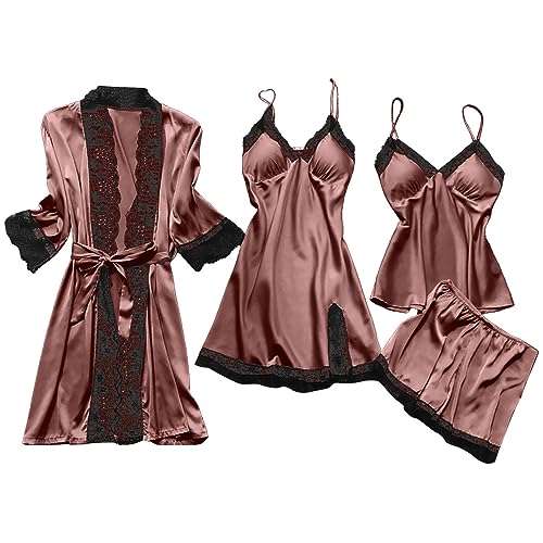 routinfly Damen Pyjama Vierteiliges Set Damen NachtwäSche Sexy Dessous Satin Pyjama Cami NachtwäSche Aus Eisseide Sommer Nachthemd Seide Sexy Spitze Bademantel Morgen Winter Robe von routinfly