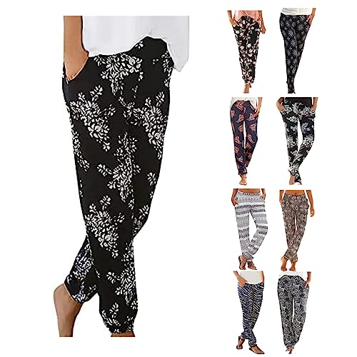 routinfly Damen Sommerhosen Damen Haremshosen LäSsige Hosen Leichte Luftige Hosen Elegante Boho Urlaubshosen Hohe Taille Kordelzug Druck Yoga Hose Jogginghose Mit Taschen Lange Hose Palazzohose von routinfly