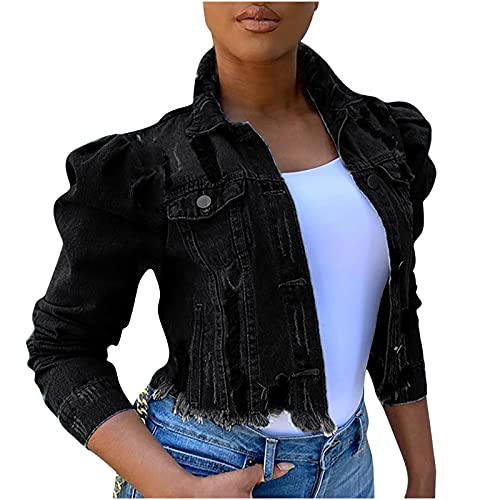 routinfly Damen Street Short Revers Fransen Breasted Denim Puff Sleeve Slim Jeansjacke Damen Dress Coat Lady Overcoat Western Slim Langarm von routinfly