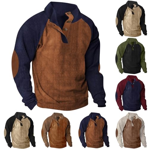 routinfly Herren Cordhemd Reverskragen Button Up Pullover Patchwork Langarm Hemdbluse Stehkragen 1/4 Knopf Vintage Mode LäSsige Sweatshirts Oberteile Mit Ellbogen Patches Western Cowboy Shirt von routinfly