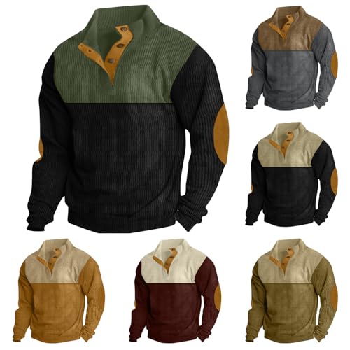 routinfly Herren Cordhemd Reverskragen Button Up Pullover Patchwork Langarm Hemdbluse Stehkragen 1/4 Knopf Vintage Mode LäSsige Sweatshirts Oberteile Mit Ellbogen Patches Western Cowboy Shirt von routinfly